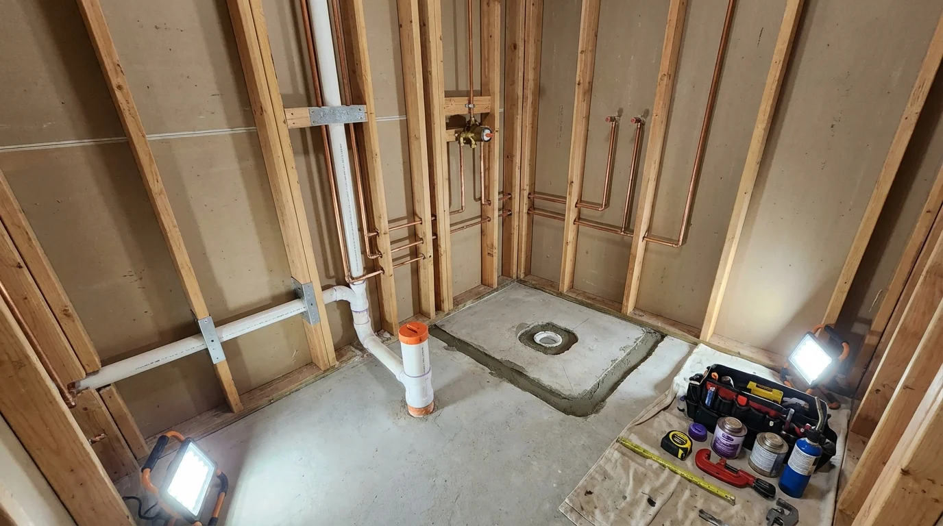 Bathroom rough-in plumbing during remodel by Johns Plumbing LLC in Pearland