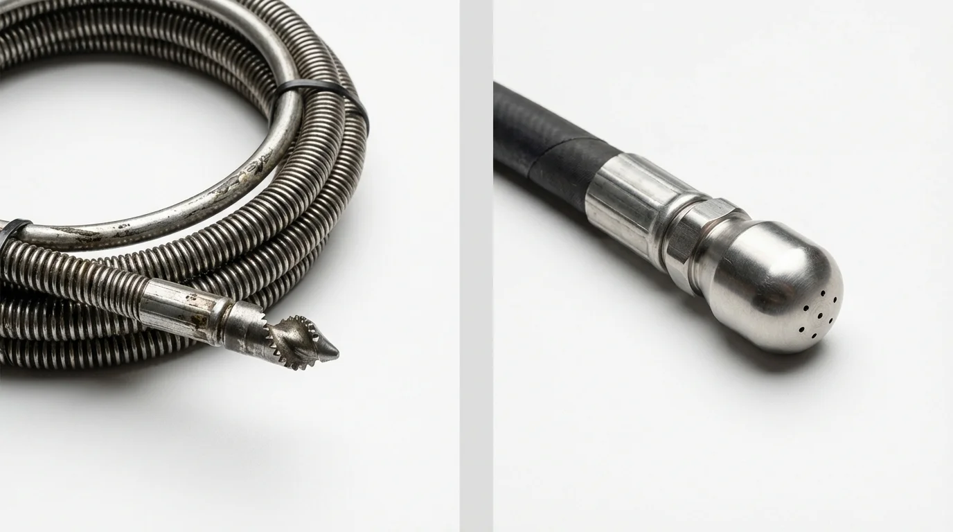 Drain snake cable and hydro jetting nozzle used for drain cleaning in Pearland, TX