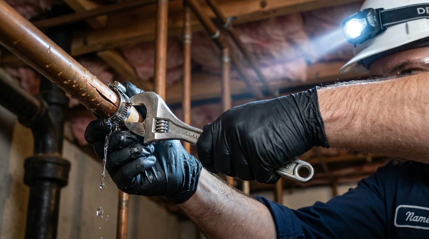 Emergency pipe clamp repair being performed by a Johns Plumbing LLC plumber in Pearland