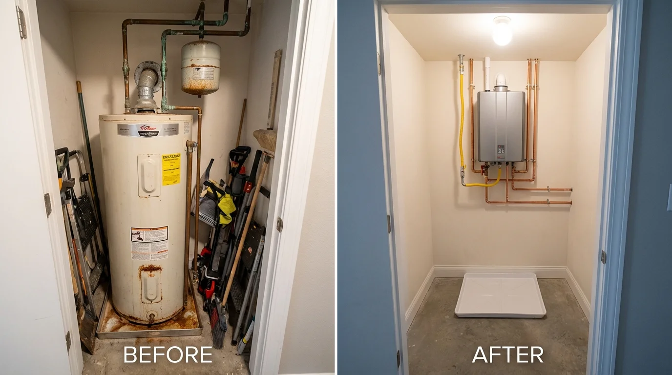 Tank water heater versus wall-mounted tankless unit comparison for Pearland, TX homeowners