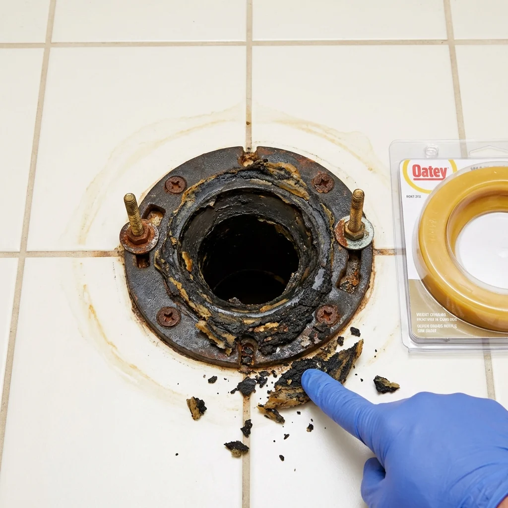 Failed wax ring showing water seepage at the base of a toilet in a Pearland, TX home