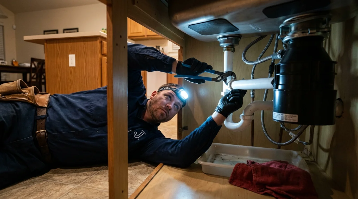 P-trap and supply line connections under a kitchen sink showing a common leak point in Pearland, TX